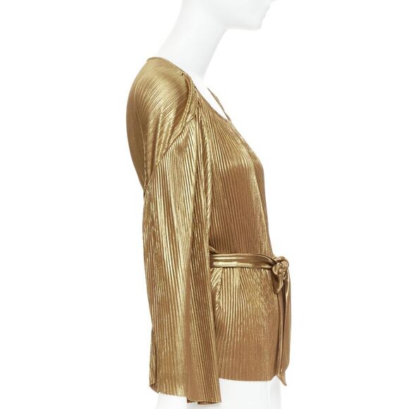 HALSTON HERITAGE gold accordion pleated gathered shoulder tie goddess top US10 L